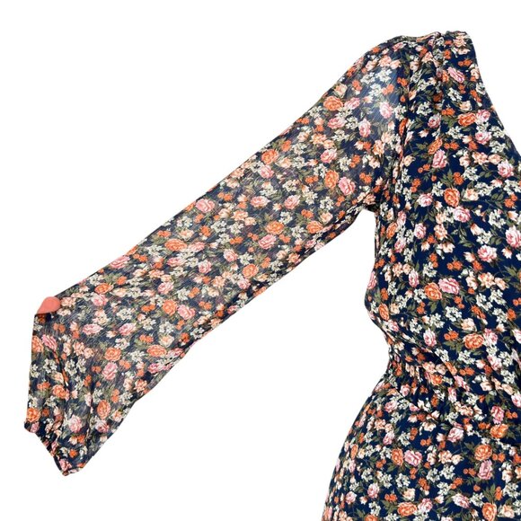 Trixxi Floral Sheer Long Sleeve V-Neck Mini Dress Navy Blue Orange Size Small - Picture 4 of 12